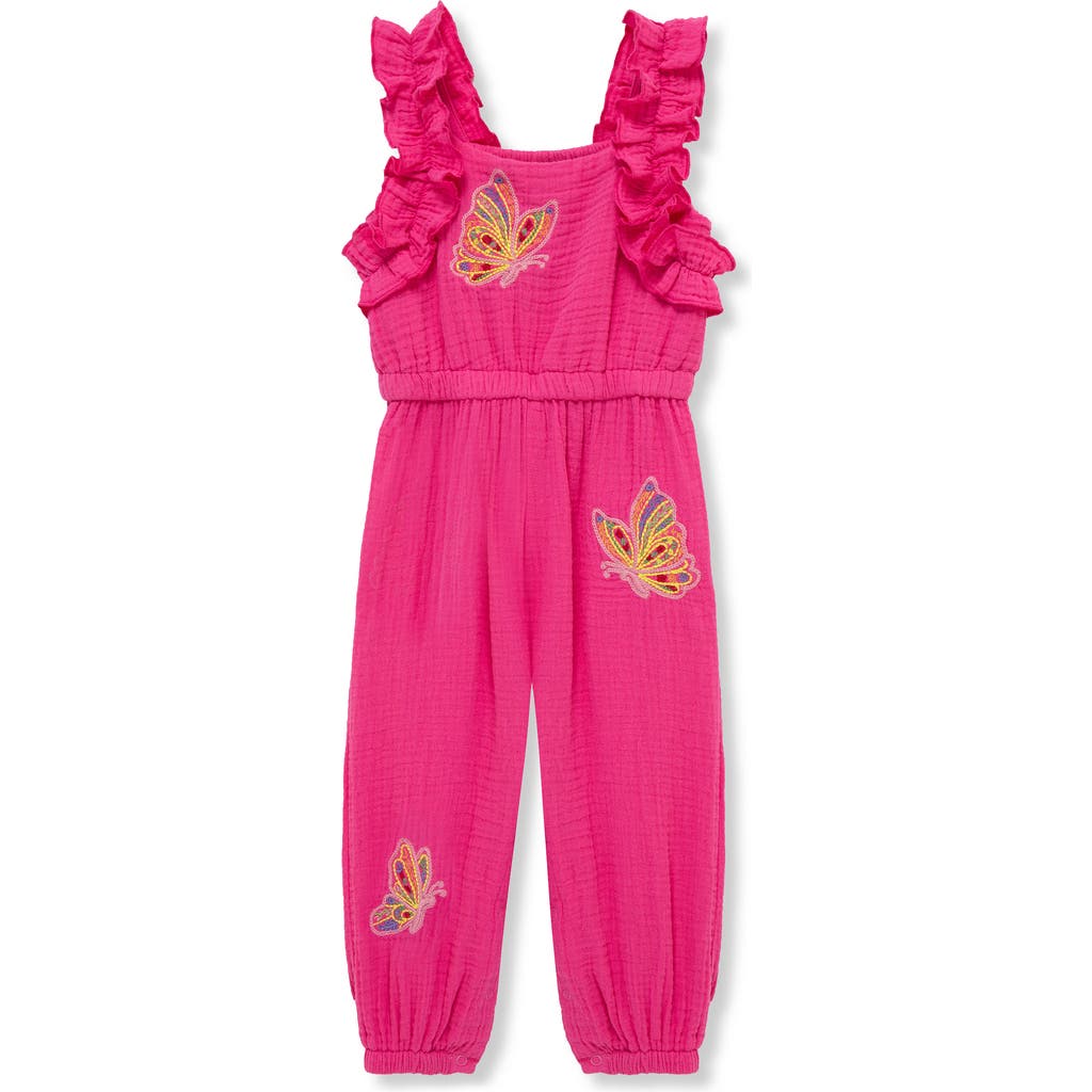 Peek Essentials Butterfly Embroidered Ruffled Cotton Gauze Jumpsuit In Dark Pink