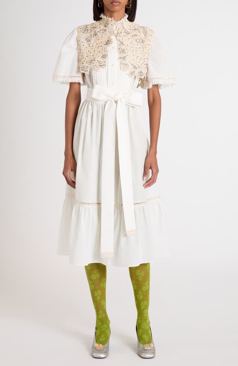 Valentino Garavani Lace Embellished Cotton Muslin Midi Dress, Main, color, Ivory