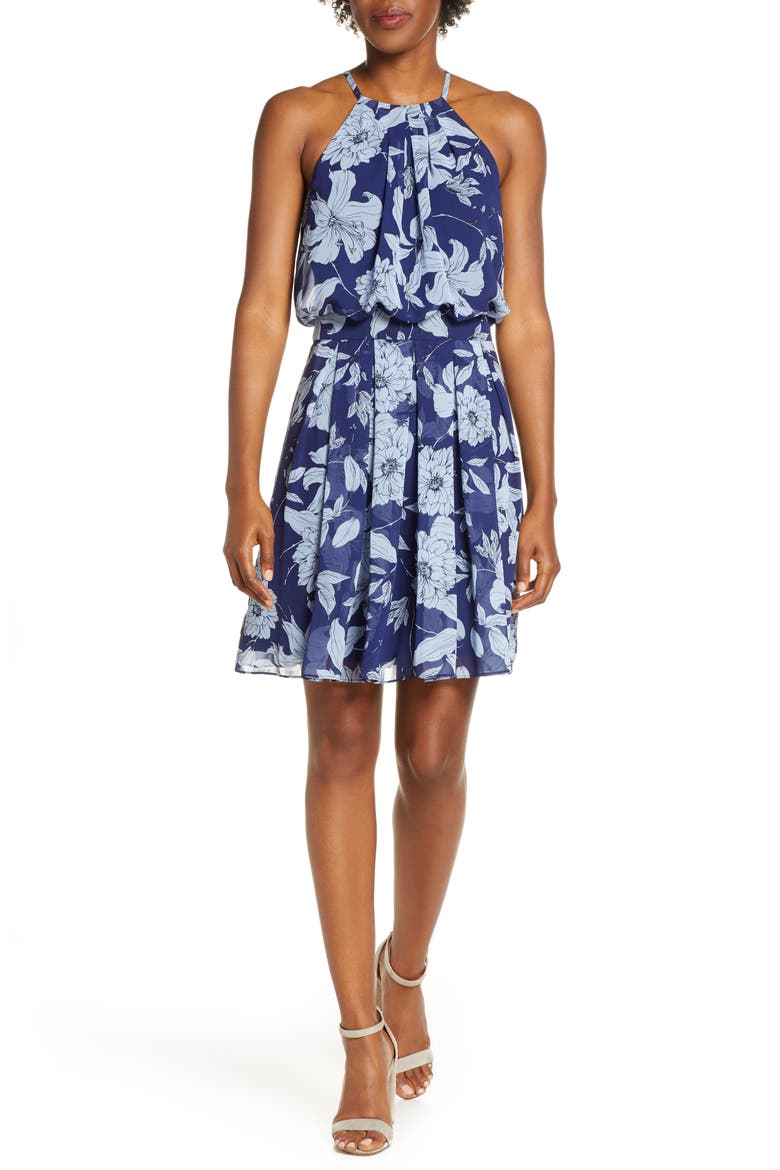 Floral Print Halter Dress, Main, color, NAVY
