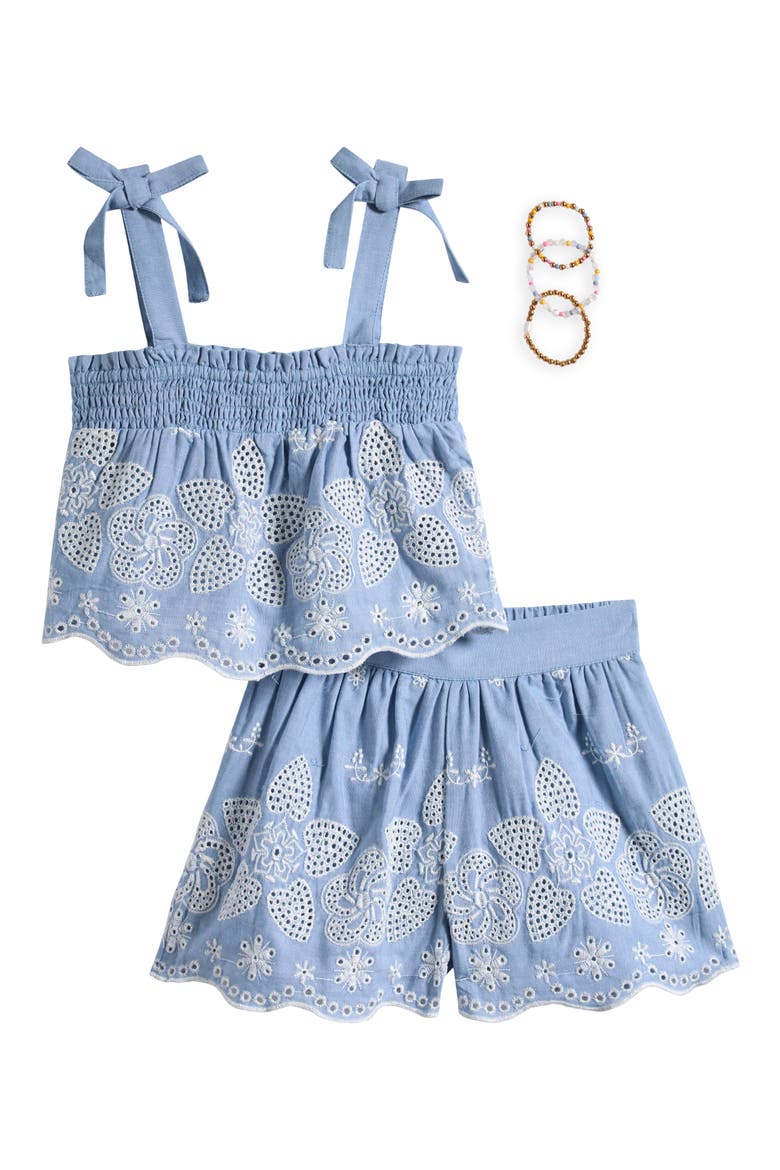 Kids' Eyelet Babydoll Top, Shorts & Beaded Bracelet Set, Main, color, BLUE