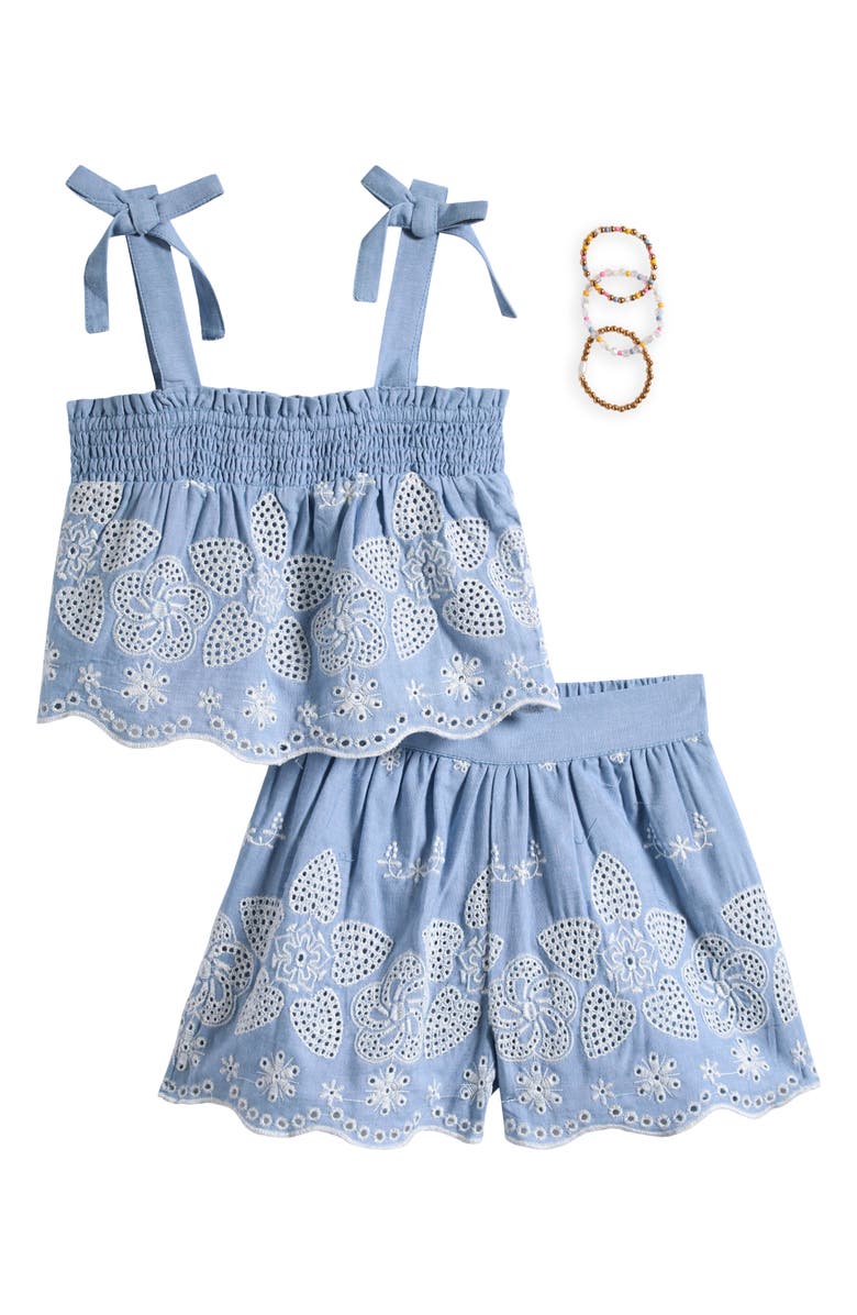 Tween Diva Kids' Eyelet Babydoll Top, Shorts & Beaded Bracelet Set, Main, color, Blue