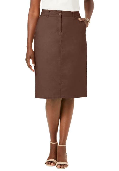 Jessica London Stretch Cotton Chino Skirt In Brown