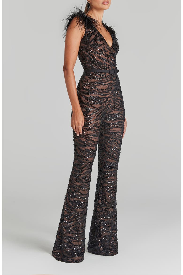 Jenna Ostrich Feather Trim Sequin Belted Jumpsuit, Alternate, color, BLACK