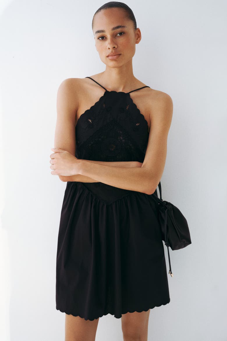 Flared-skirt Dress With Eyelet Embroidery, Alternate, color, Black