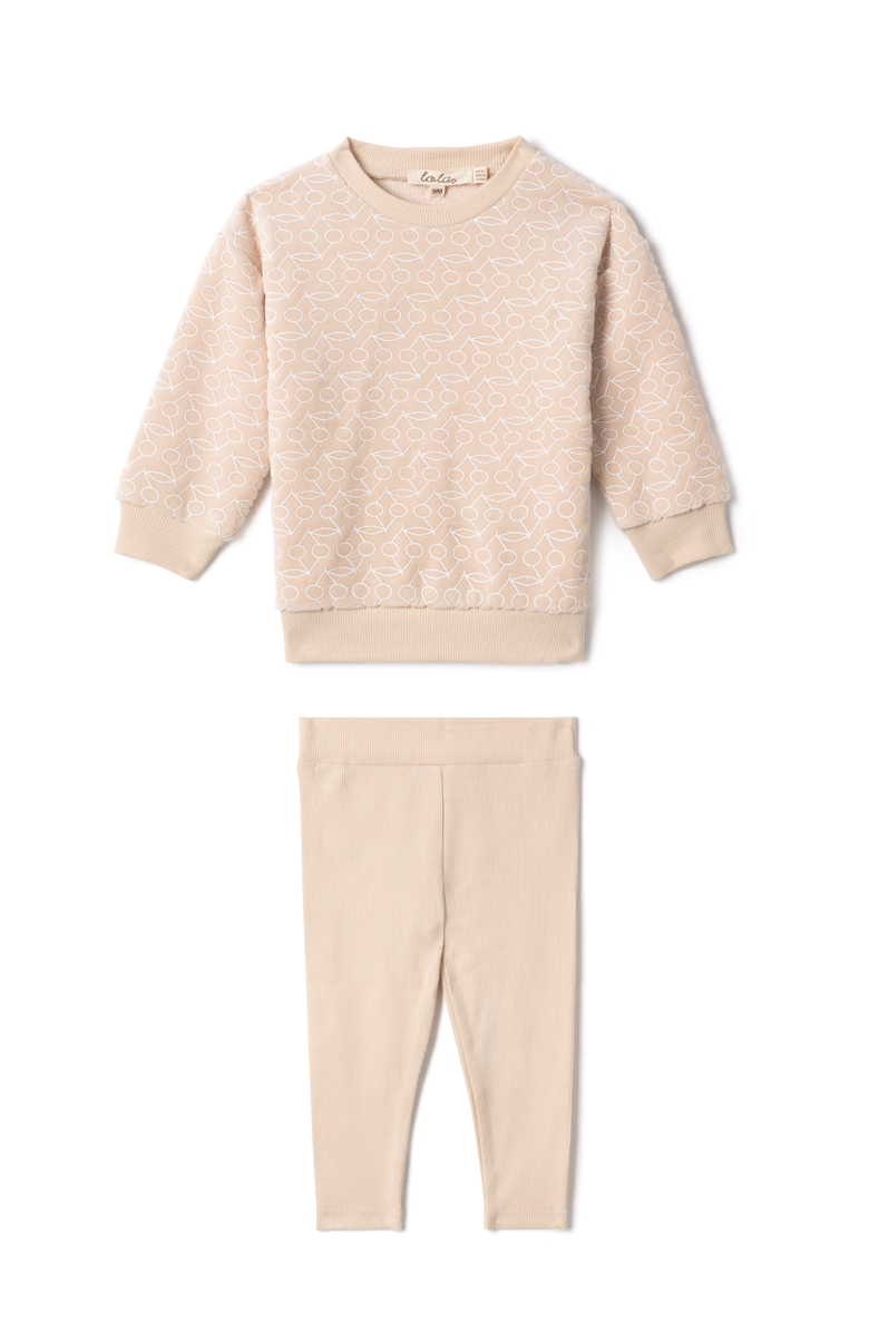 LOLA Cotton Velour Cherry Print Two Piece Sweatshirt and Matching Leggings Set, Main, color, Linen