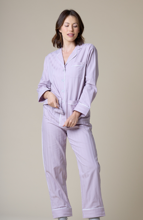 Heart Embroidered Cotton Long Pajama Set