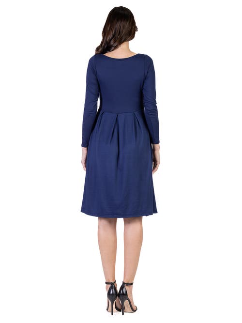 24seven Comfort Apparel Midi Length Fit N Flare Pocket Dress In Blue