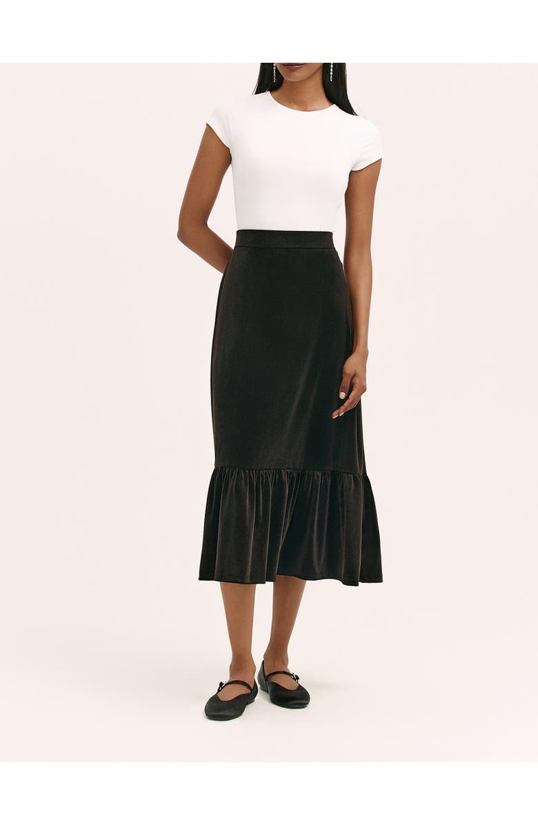 Finery London Joline Velvet Tiered Midi Skirt, Alternate, color, Black