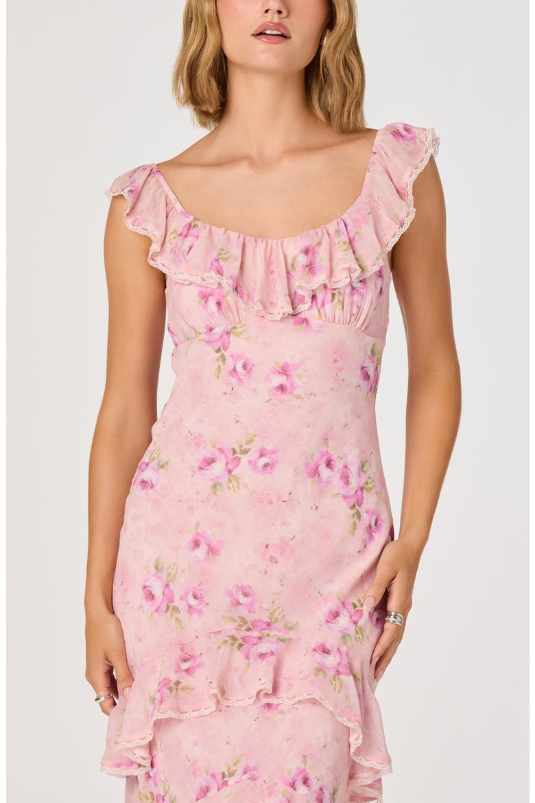 Laisha Floral Ruffle Trim Midi Dress, Alternate, color, PINK FLORAL