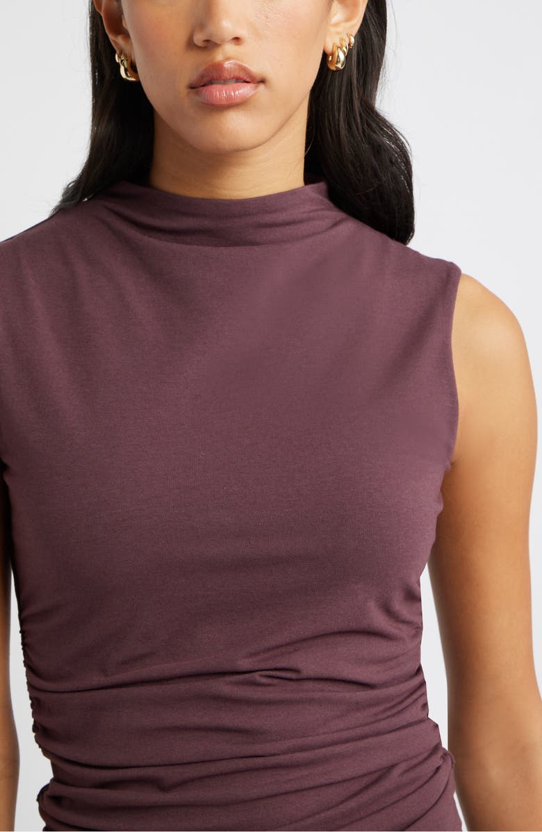 Open Edit Ruched Mock Neck Tank, Alternate, color, Burgundy Fudge