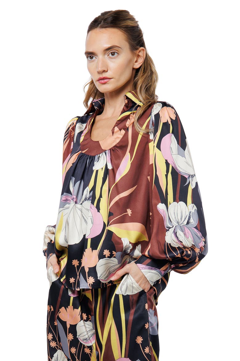Loren Floral Satin Top, Alternate, color, BROWN