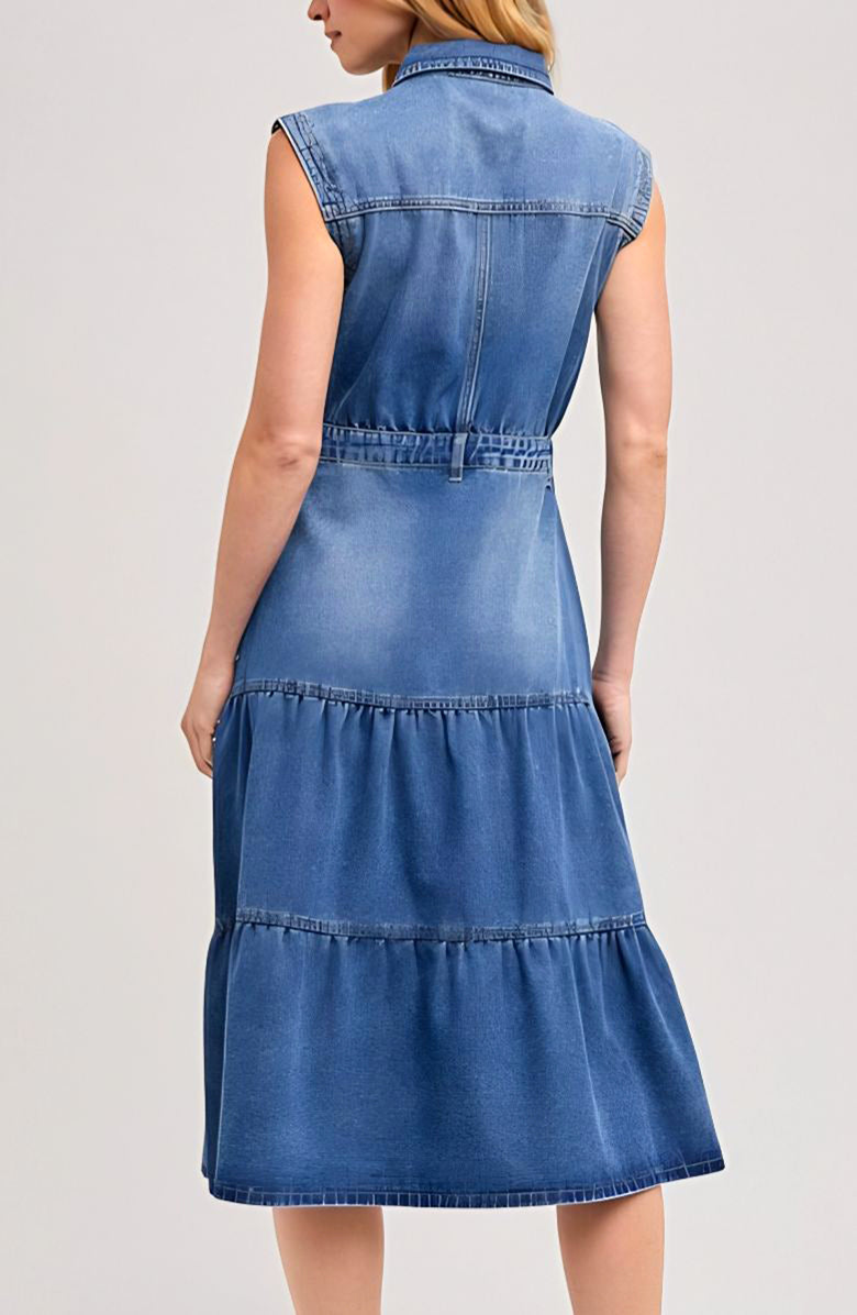 Knit and Lounge Sleeveless Tiered Denim Midi Dress, Alternate, color, Navy