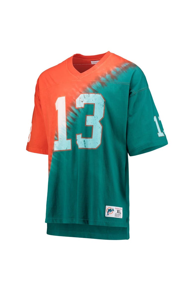 Men's Mitchell & Ness Dan Marino Orange/Aqua Miami Dolphins Retired Player Name & Number Diagonal Tie-Dye V-Neck T-Shirt, Alternate, color, Orange