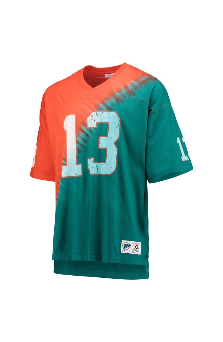 Mitchell & Ness Men's Mitchell & Ness Dan Marino Orange/Aqua Miami Dolphins Retired Player Name & Number Diagonal Tie-Dye V-Neck T-Shirt, Alternate, color, Orange