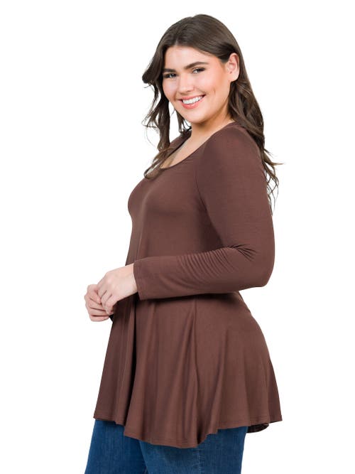 24seven Comfort Apparel Plus Size Poised Long Sleeve Swing  Tunic Top In Brown