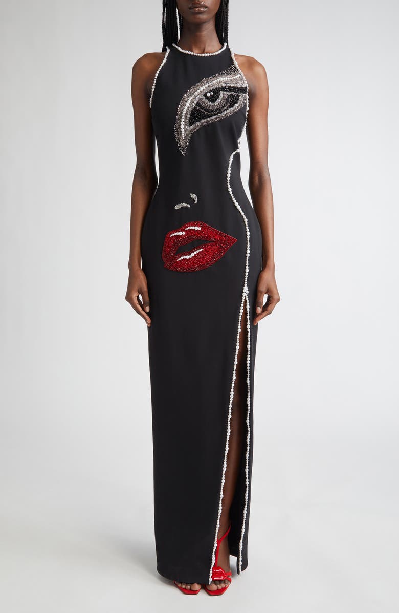 Balmain Partial Face Embellished Sleeveless Gown, Main, color, 
