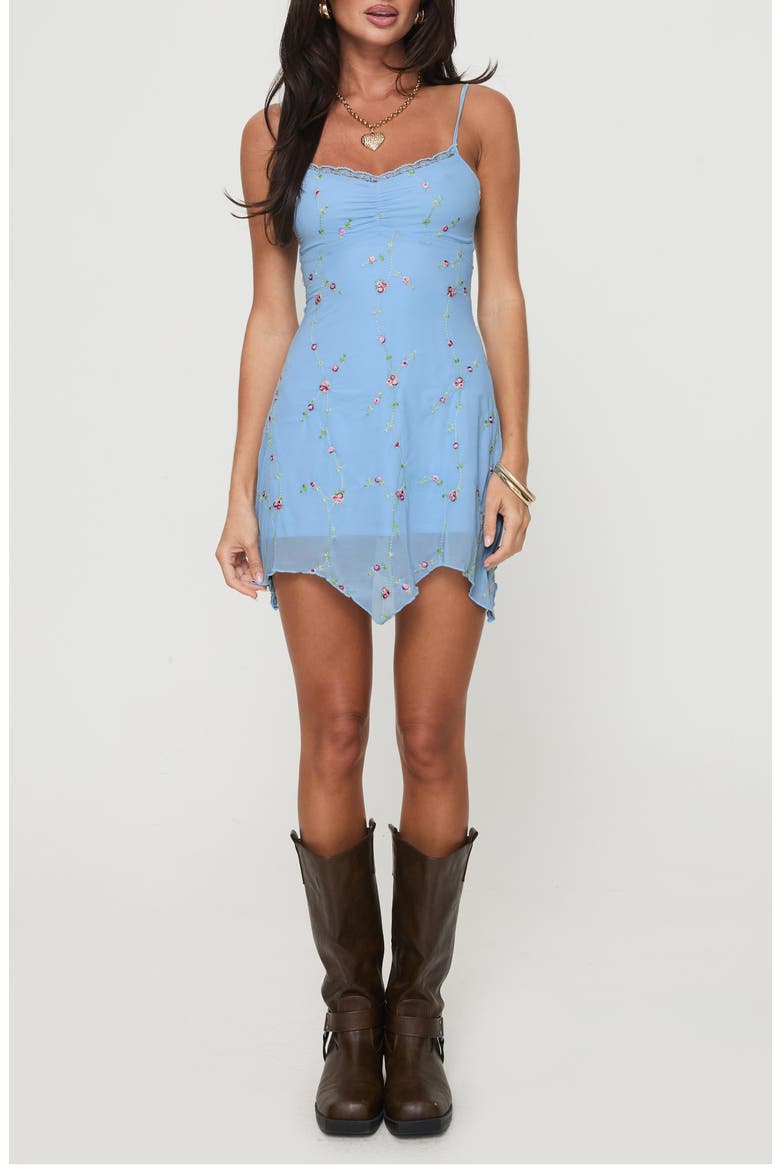 Harkin Floral Embroidered Handkercheif Hem Minidress, Main, color, BLUE