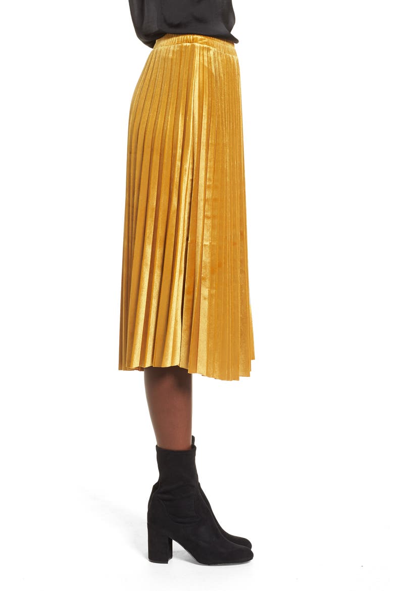 Pleated Velvet Skirt, Alternate, color, YELLOW GOLD