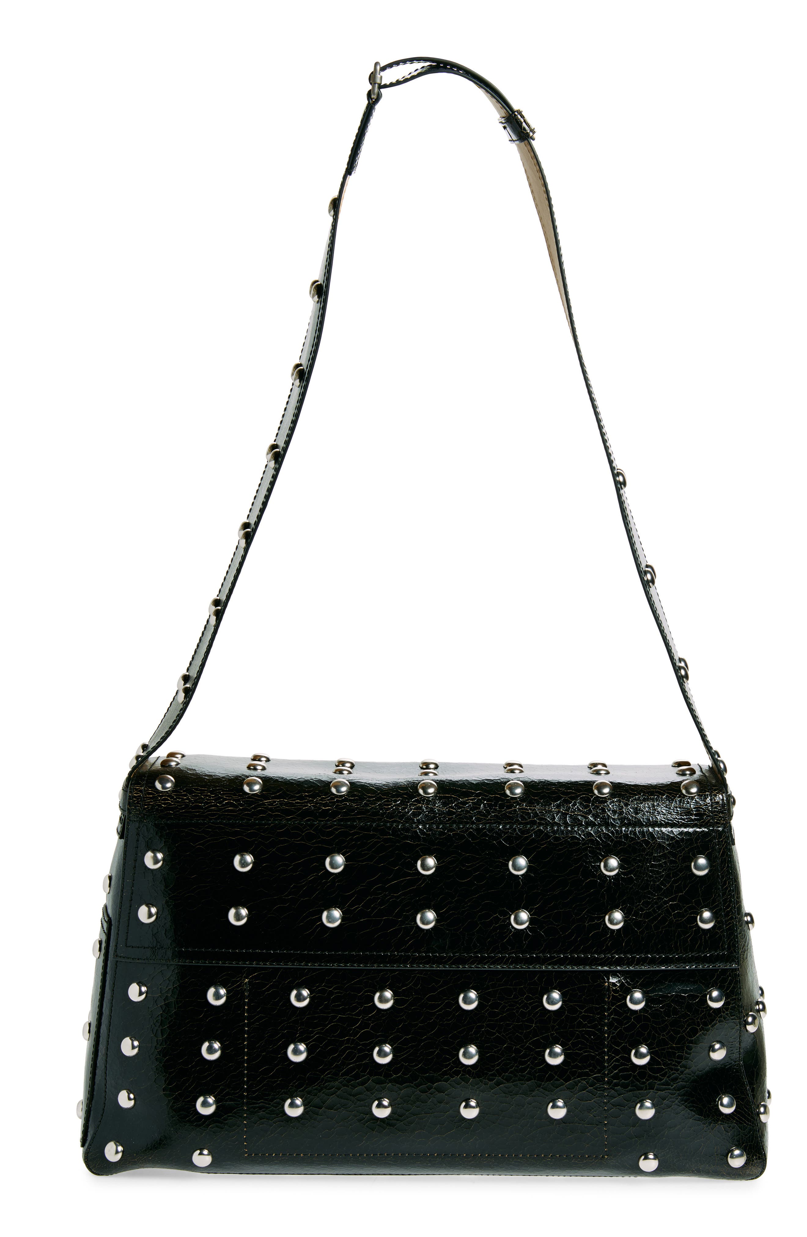 Large Slouch Studded Crackled Leather Messenger Bag, Alternate, color, BLACK/ CARAMEL/ SILVER