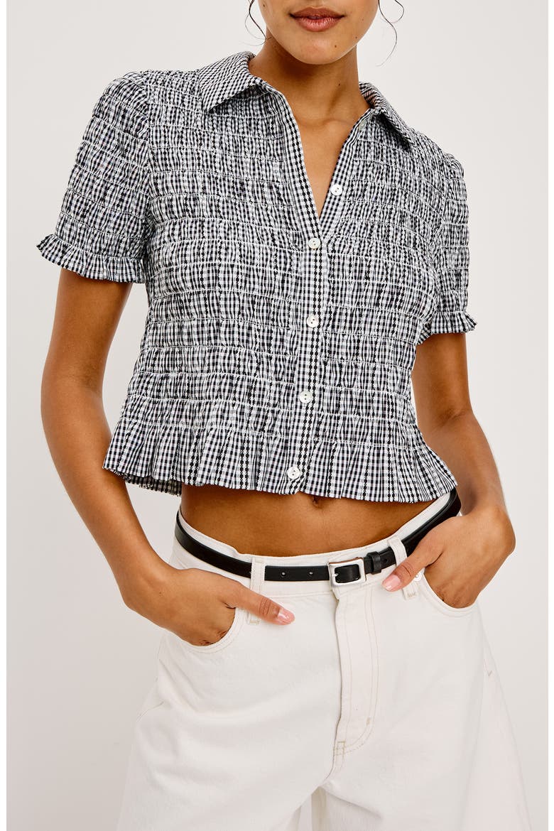 Alton Shirred Button-Up Crop Peplum Top, Main, color, BLACK GINGHAM