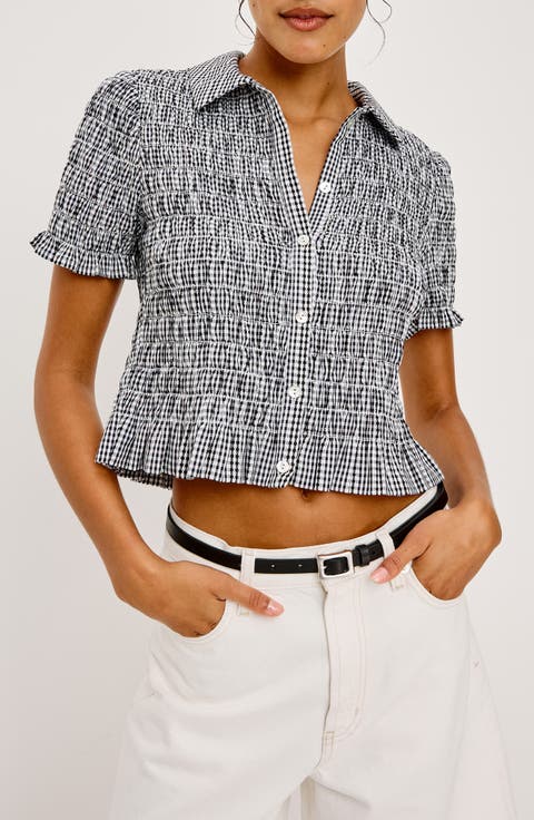 Alton Shirred Button-Up Crop Peplum Top