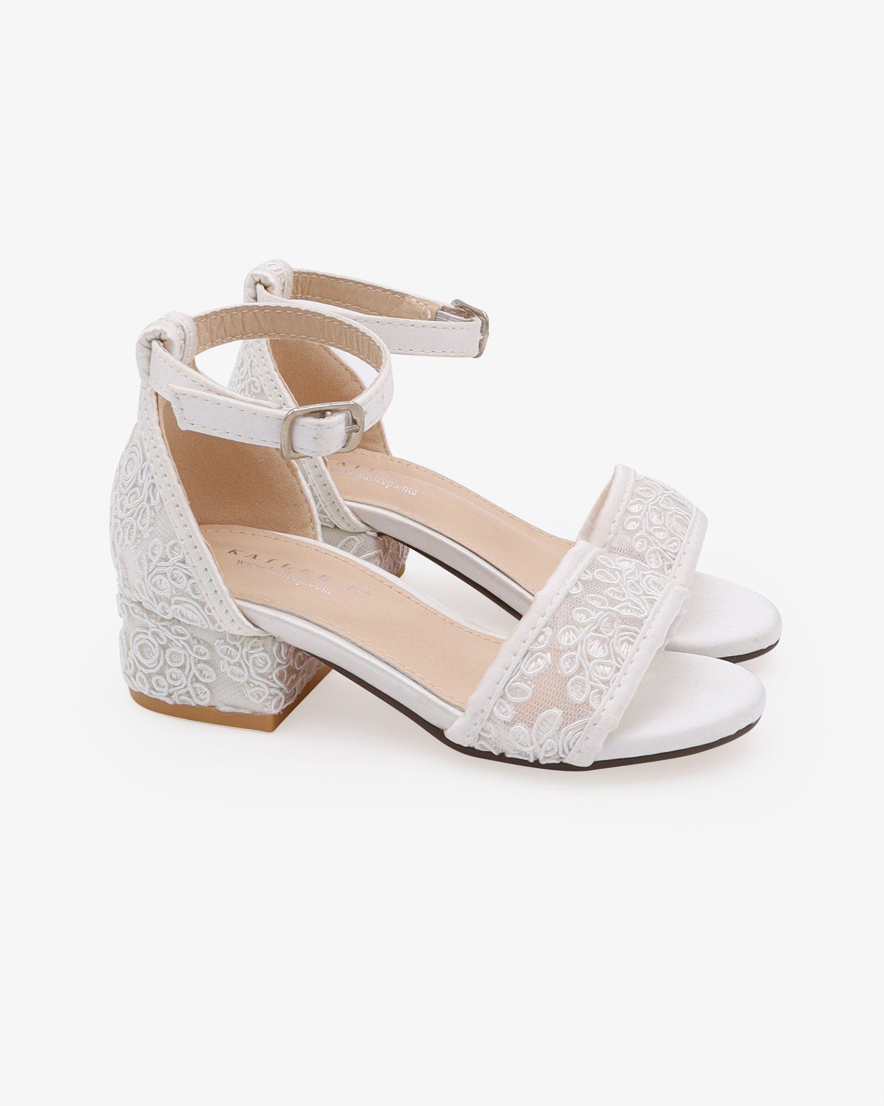 Kailee P Lily Crochet Lace Low Block Heel Girls Sandals, Main, color, White