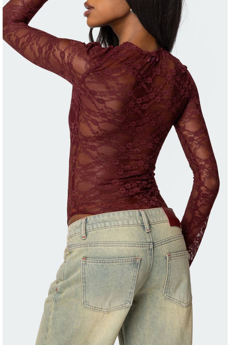 Colette Sheer Lace Bodysuit, Alternate, color, BURGUNDY