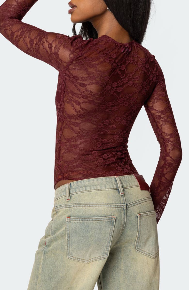 EDIKTED Colette Sheer Lace Bodysuit, Alternate, color, Burgundy