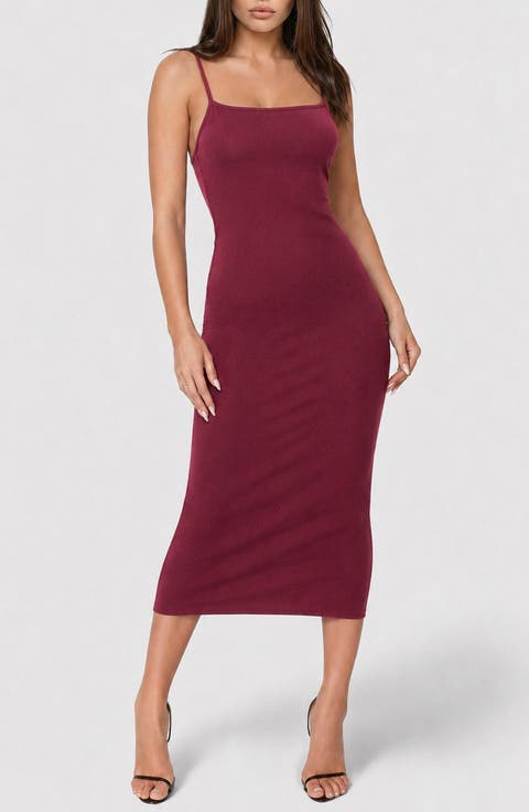 Square Neck Rib Knit Mid Dress