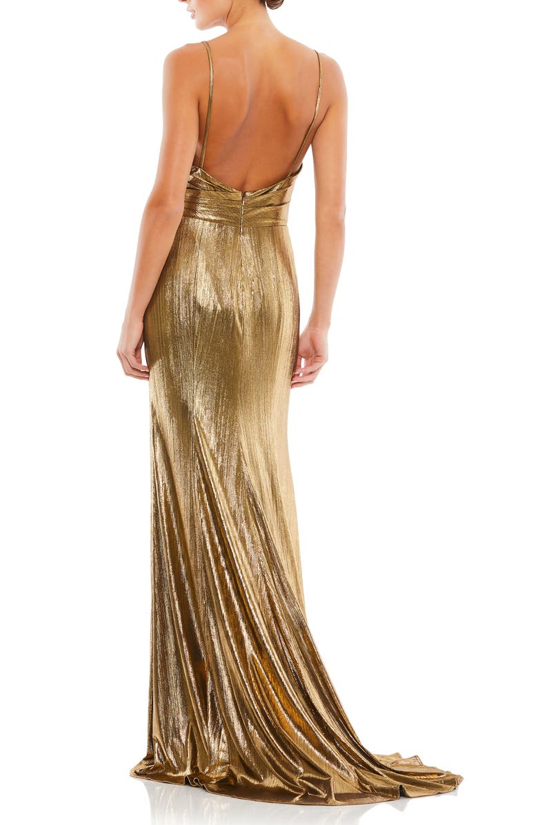 Mac Duggal Metallic Faux Wrap Spaghetti Strap Gown, Alternate, color, Bronze