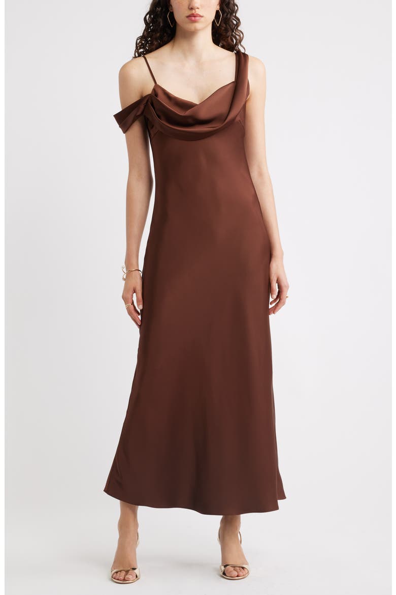 Off the Shoulder Satin Maxi Dress, Main, color, BROWN BITTER