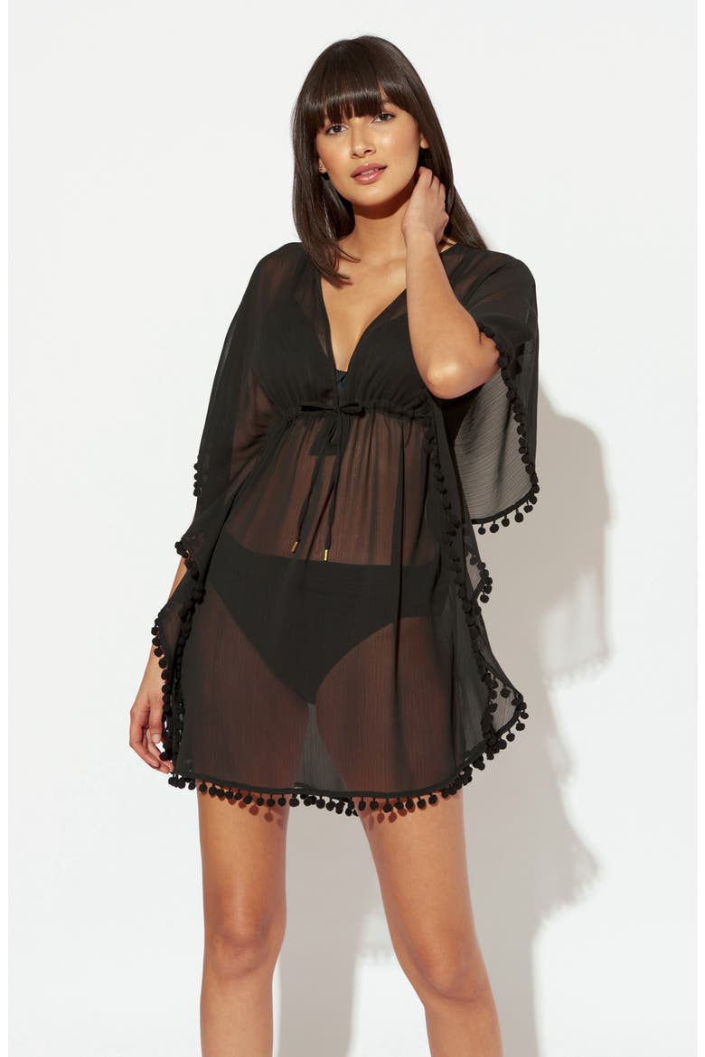 Gypset Pompom Sheer Cover-Up Caftan, Alternate, color, BLACK