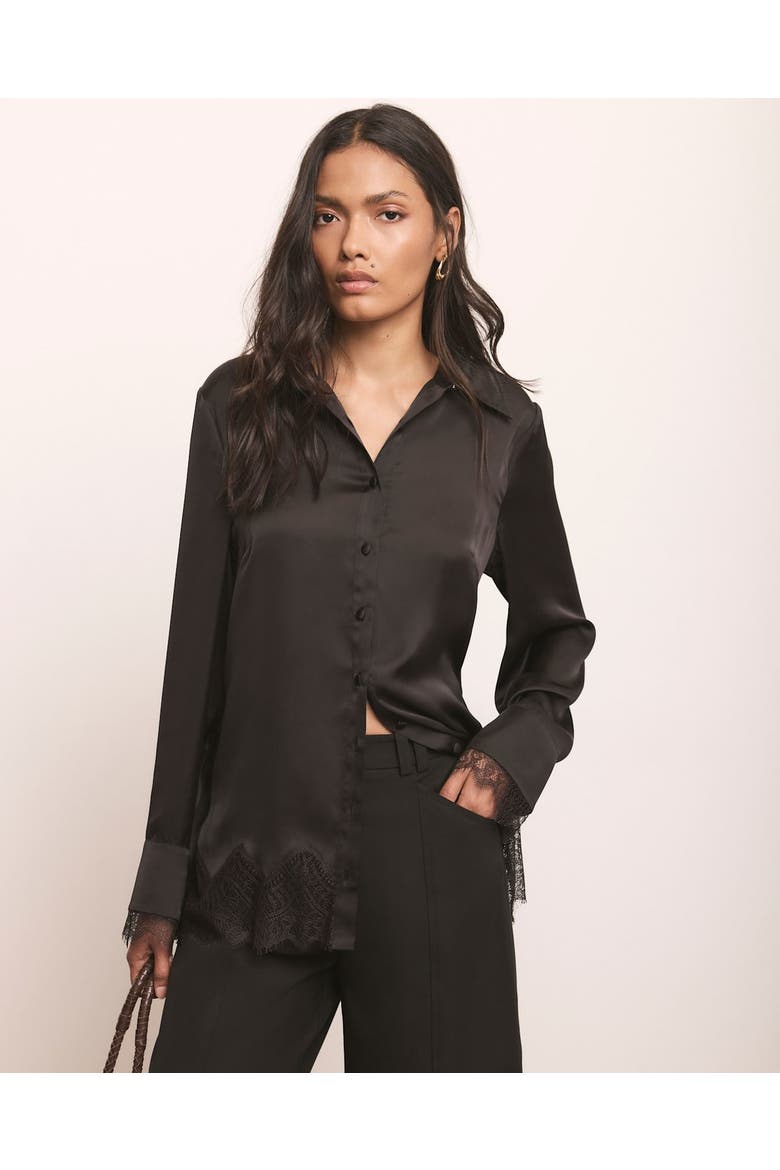 Satin Lace Trim Shirt, Alternate, color, Black
