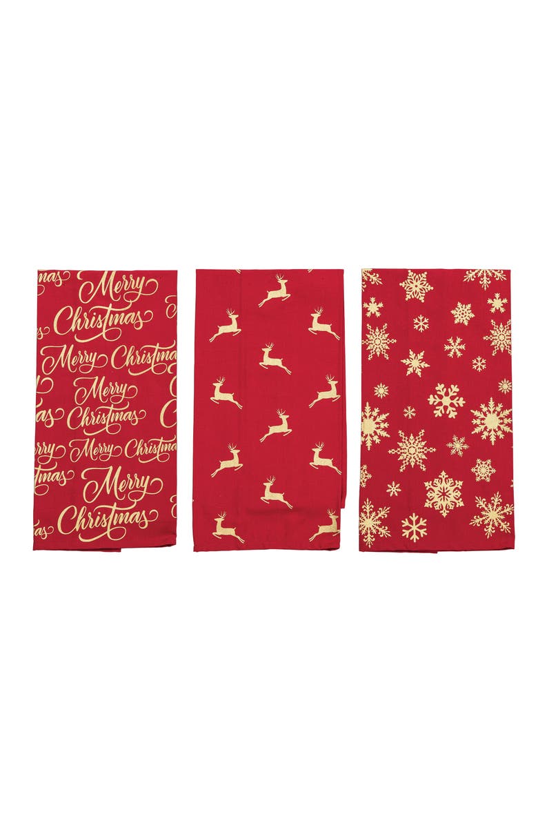 C&F Home Glistening Gold "Merry Christmas" Reindeer 100% Cotton Dishtowel Set of 3, Main, color, Red