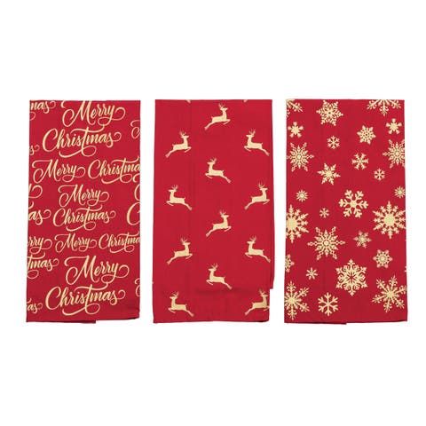 Glistening Gold "Merry Christmas" Reindeer 100% Cotton Dishtowel Set of 3