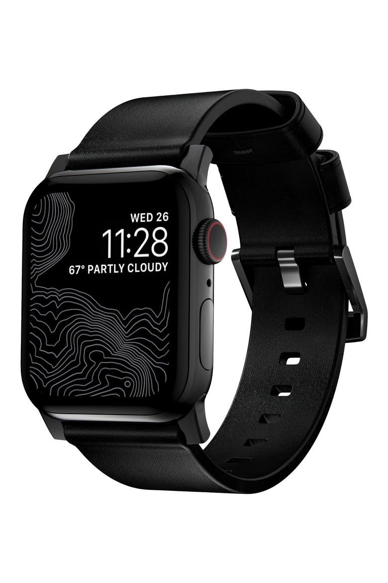 Modern Leather 22mm Apple Watch® Watchband, Main, color, BLACK/ BLACK