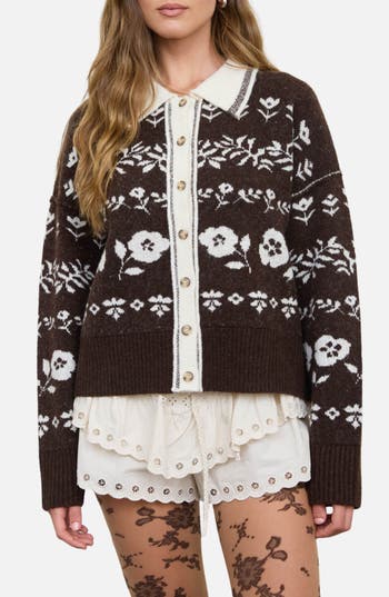 Blu Pepper Floral Jacquard Cardigan In Brown
