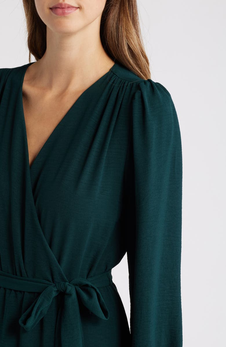 Connected Apparel Long Sleeve Faux Wrap Midi Dress, Alternate, color, Pine