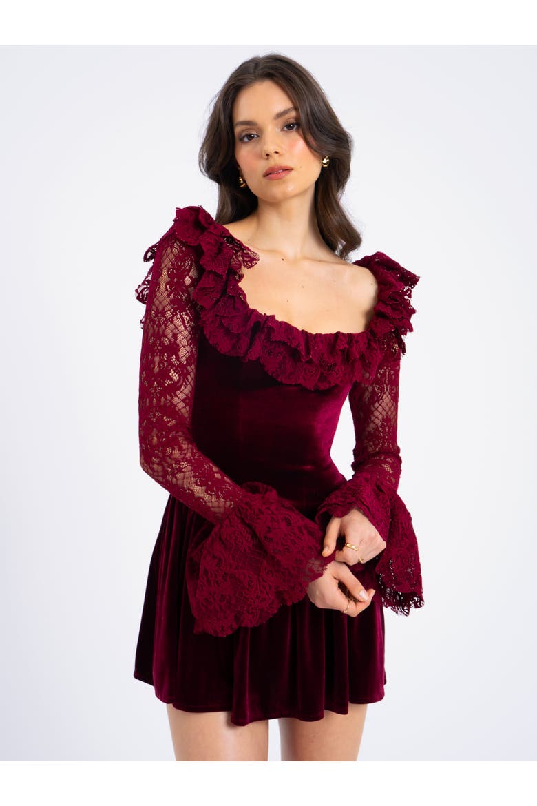 Yachira Velvet Lace Flare Sleeve Mini Dress, Main, color, Burgundy