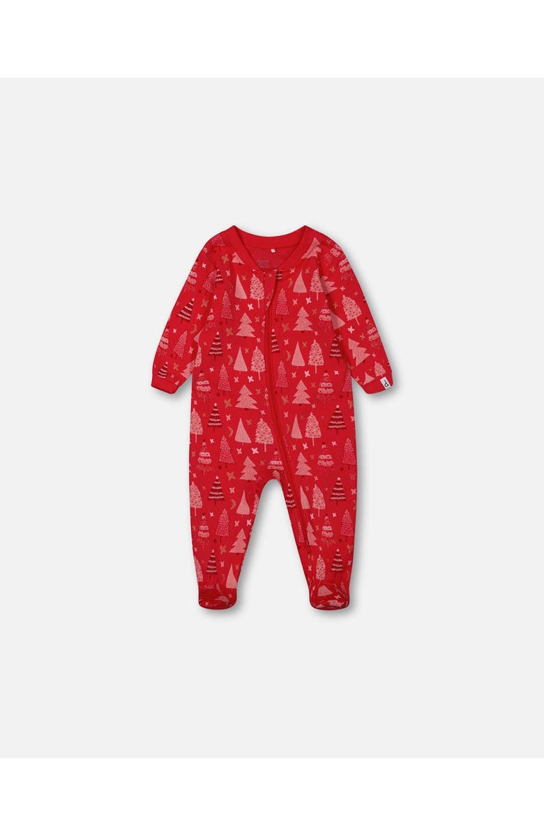 Deux par Deux Baby Girl's Organic Cotton One Piece Pajama Red Printed Christmas Tree, Main, color,