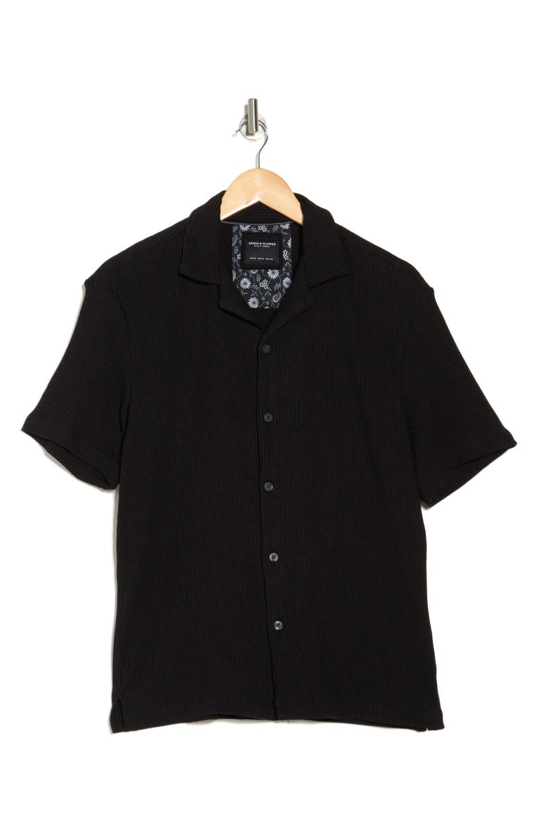 DENIM AND FLOWER Solid Black Rib Knit Cotton Blend Camp Shirt, Alternate, color, Black
