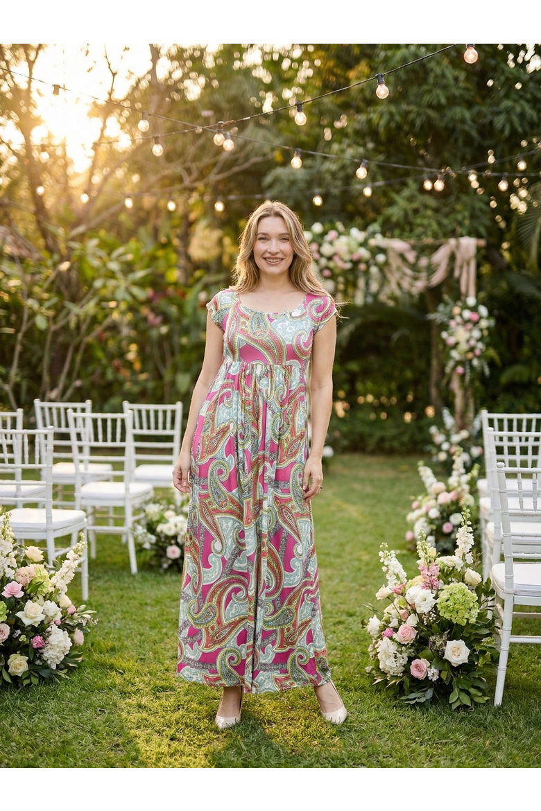 Womens Paisley Square Neck Cap Sleeve Pleated A-Line Maxi Dress, Alternate, color, Pink Multi