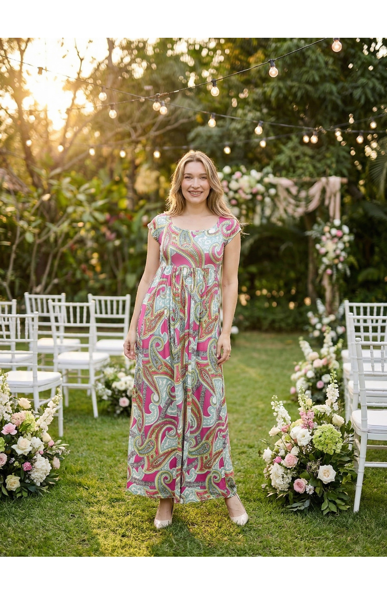 24seven Comfort Apparel Womens Paisley Square Neck Cap Sleeve Pleated A-Line Maxi Dress, Alternate, color, Pink Multi