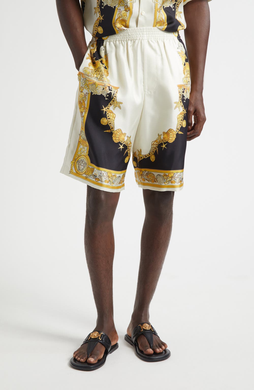 Coral Theatre Silk Shorts, color, IVORY BLACK GOLD