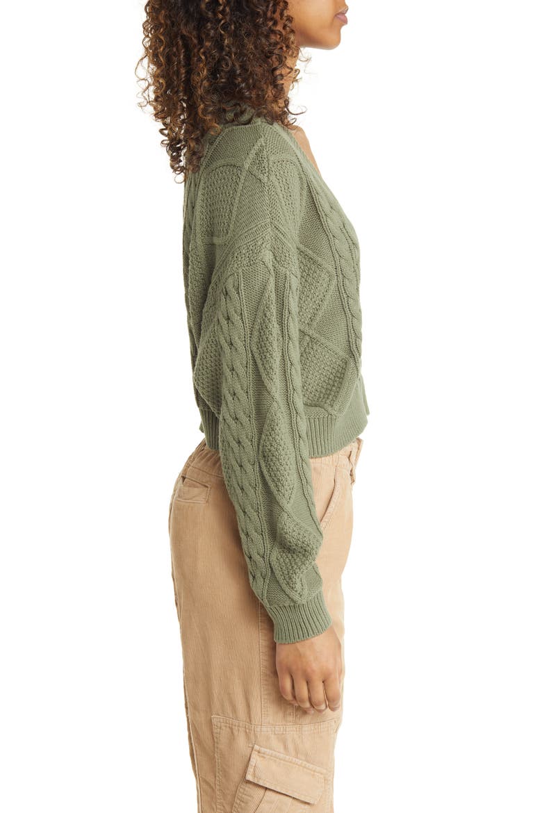 V-Neck Cable Knit Sweater, Alternate, color, GREEN DUNE
