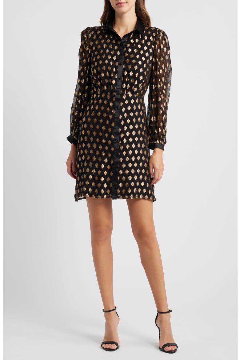 Foil Dot Empire Waist Long Sleeve Shirtdress, Main, color, RICH GOLD