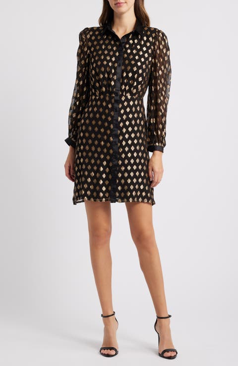 Foil Dot Empire Waist Long Sleeve Shirtdress
