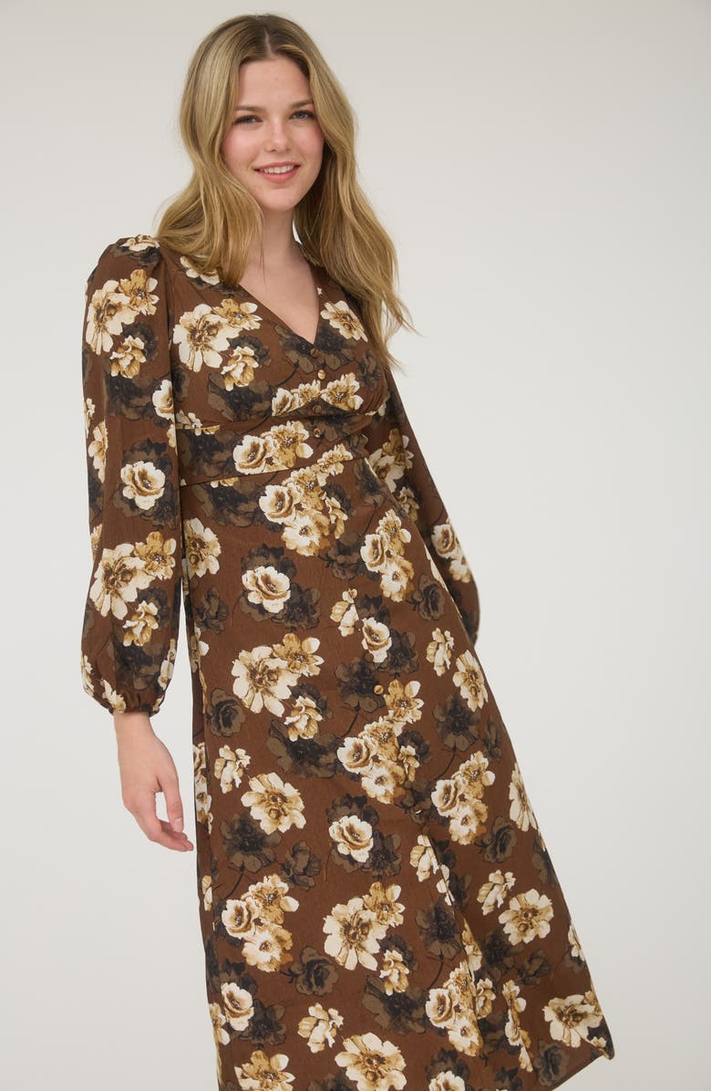 AUGUST SKY Floral Long Sleeve Maxi Dress, Alternate, color, Brown Multi