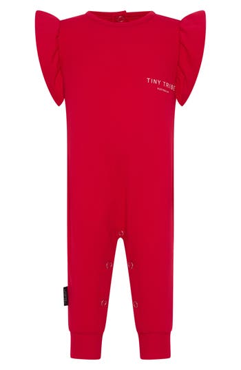 Tiny Tribe Core Ruffle Shoulder Cotton Jersey Romper In Red