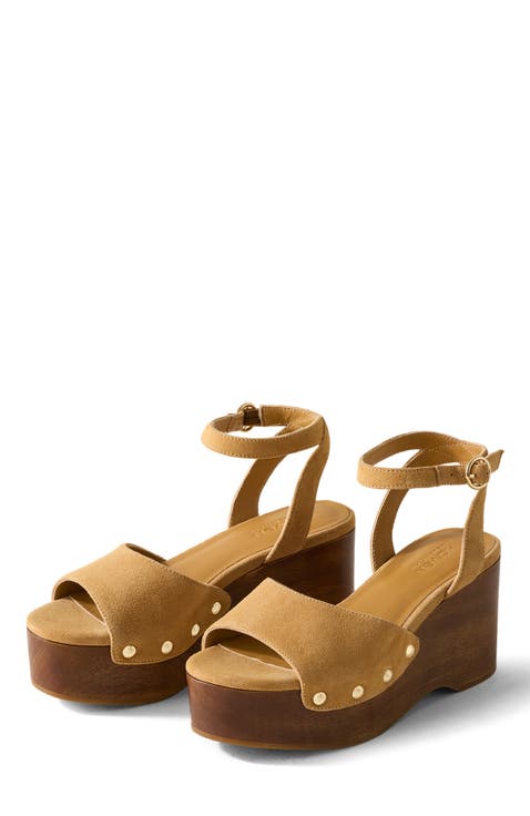 Suede and Wood Platform Sandals